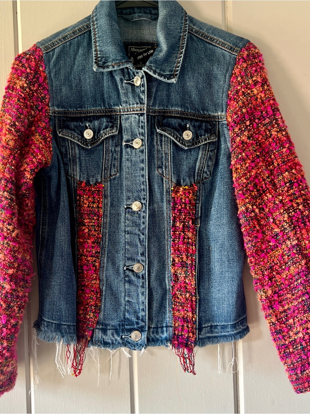 Luxe by Leah Custom Upcycled Abercrombie Denim Jacket Pink Tweed Knit Small
